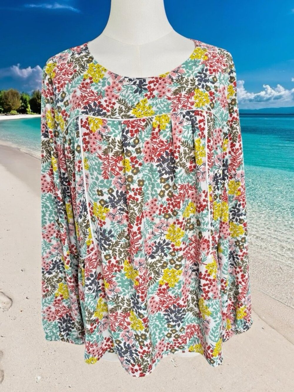 Loft Outlet Floral Peasant Blouse With White Piping-Size Med.-Keyhole Back
